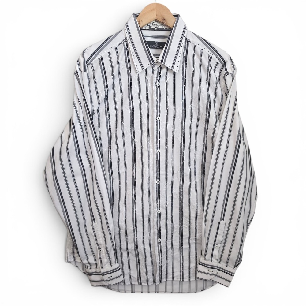 Bugatchi Shirt Mens XL White Black Striped Long Sleeve Embroidered Contrast Cuff